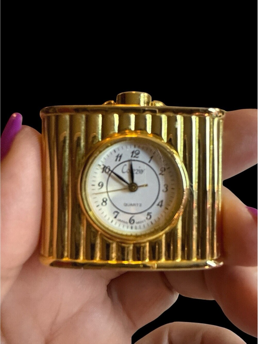 Collezio Desk Clock Mini White Dial Gold Tone Ribbed Flask Retro New Battery